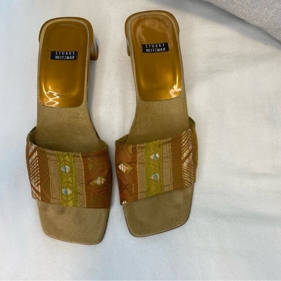 Stuart Weitzman Sandals Suede Brocade Square Toe Block Heel Retro SZ 6.5 - Picture 13 of 14